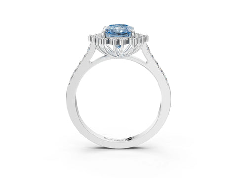 White gold Fancy Blue Radiant Cut Cut Diamond Sunburst Halo Engagement Ring with Pavé Band_3