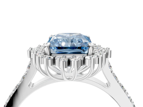White gold Fancy Blue Radiant Cut Cut Diamond Sunburst Halo Engagement Ring with Pavé Band_4