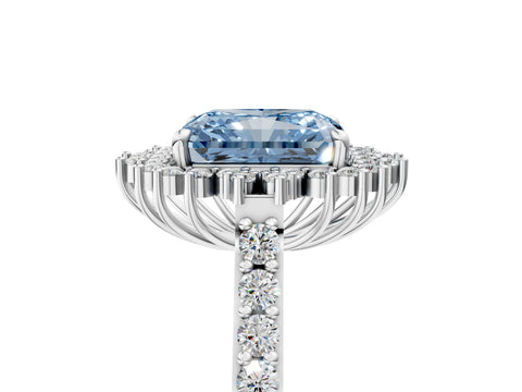 White gold Fancy Blue Radiant Cut Cut Diamond Sunburst Halo Engagement Ring with Pavé Band_5