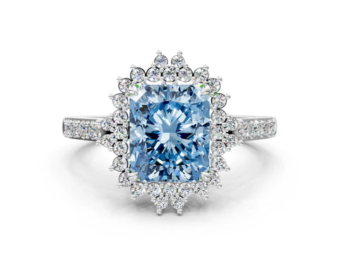 White gold Fancy Blue Radiant Cut Cut Diamond Sunburst Halo Engagement Ring with Pavé Band