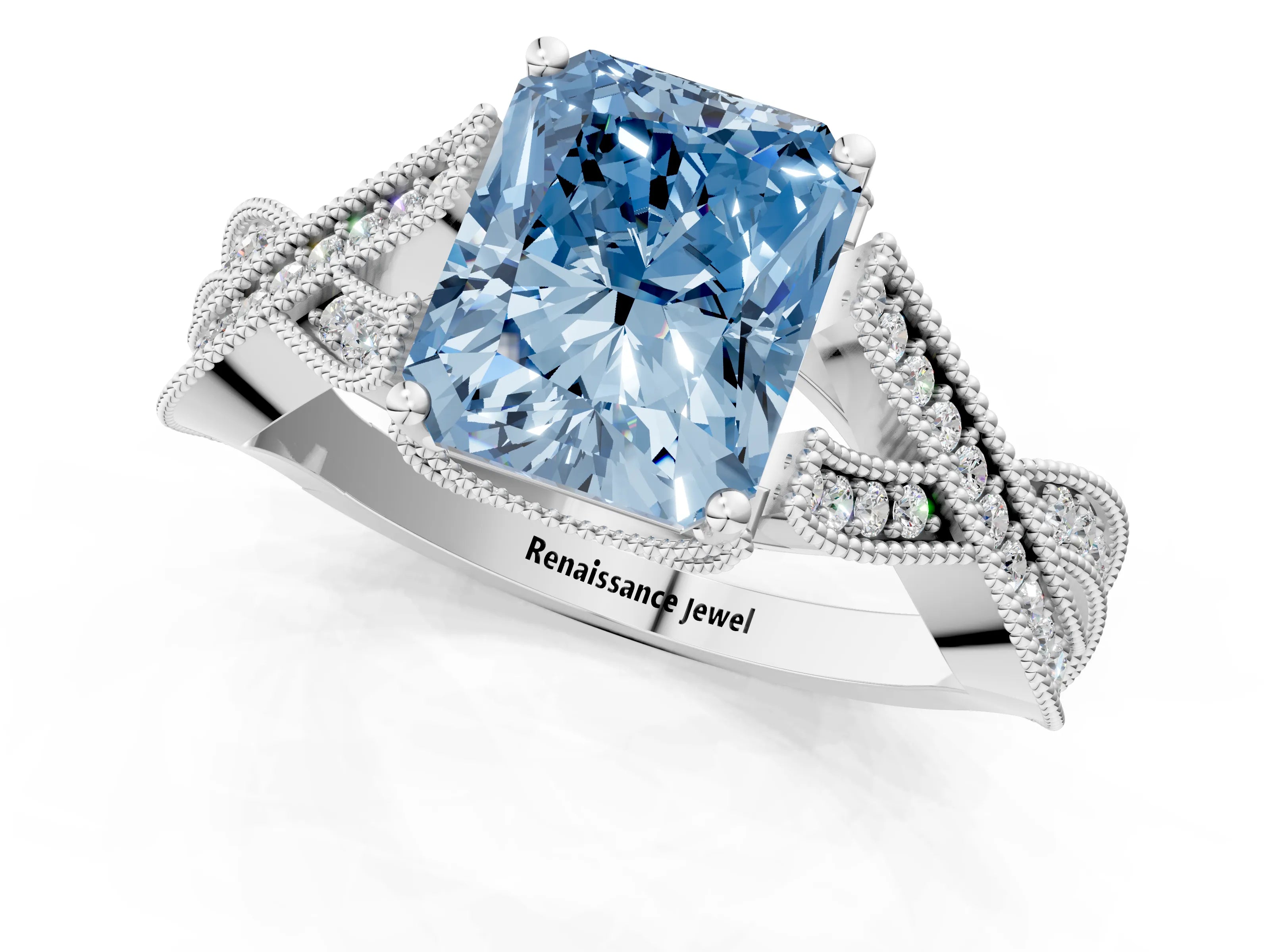 White gold Fancy Blue Radiant Cut Cut Diamond Twisted Band with Milgrain Pave Setting and Four-Prong Setting_13