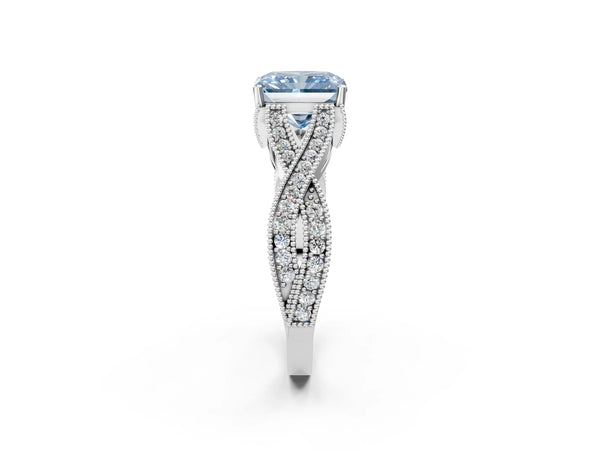 White gold Fancy Blue Radiant Cut Cut Diamond Twisted Band with Milgrain Pave Setting and Four-Prong Setting