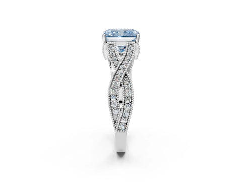 White gold Fancy Blue Radiant Cut Cut Diamond Twisted Band with Milgrain Pave Setting and Four-Prong Setting_2