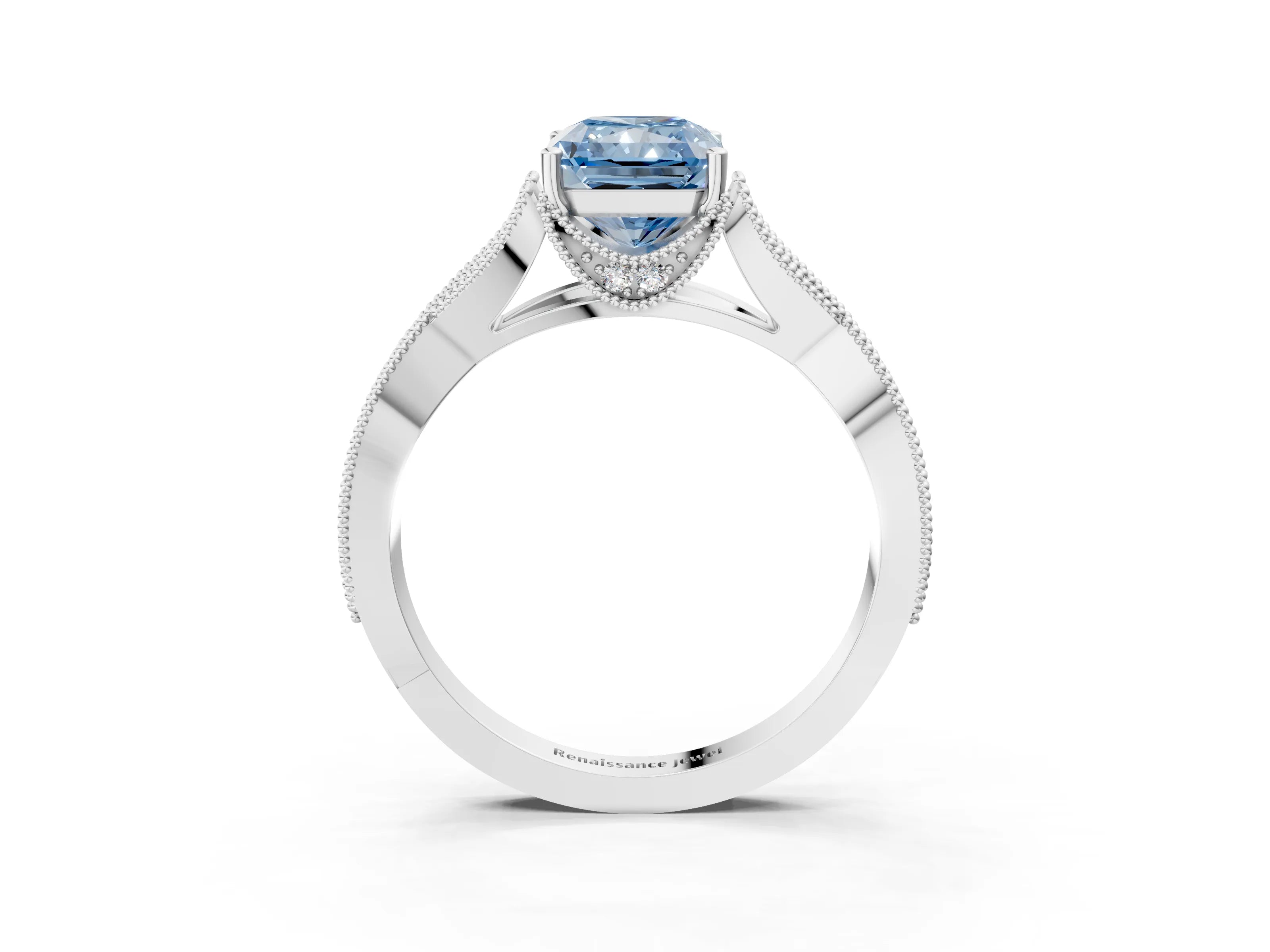 White gold Fancy Blue Radiant Cut Cut Diamond Twisted Band with Milgrain Pave Setting and Four-Prong Setting_3