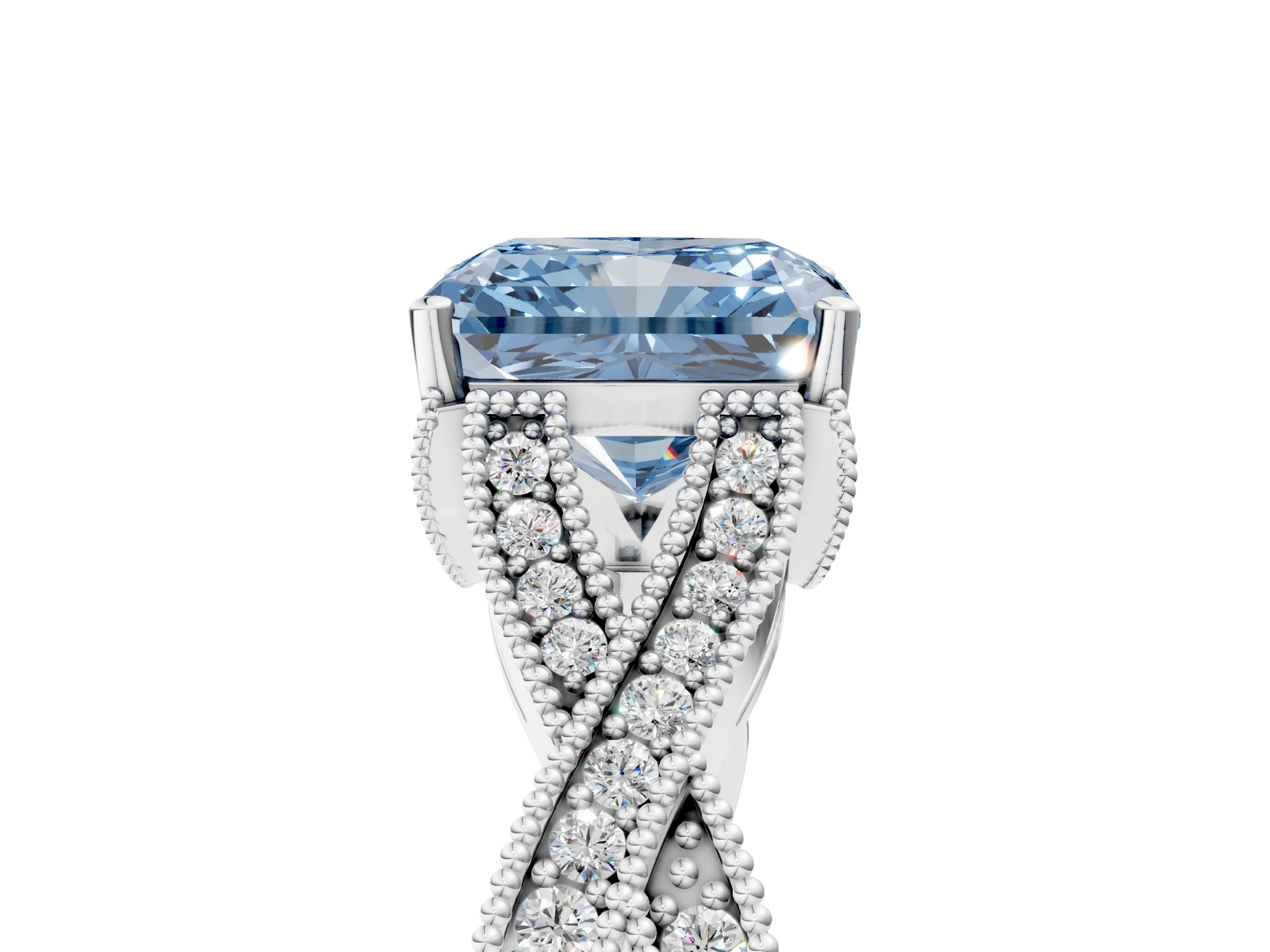 White gold Fancy Blue Radiant Cut Cut Diamond Twisted Band with Milgrain Pave Setting and Four-Prong Setting_5