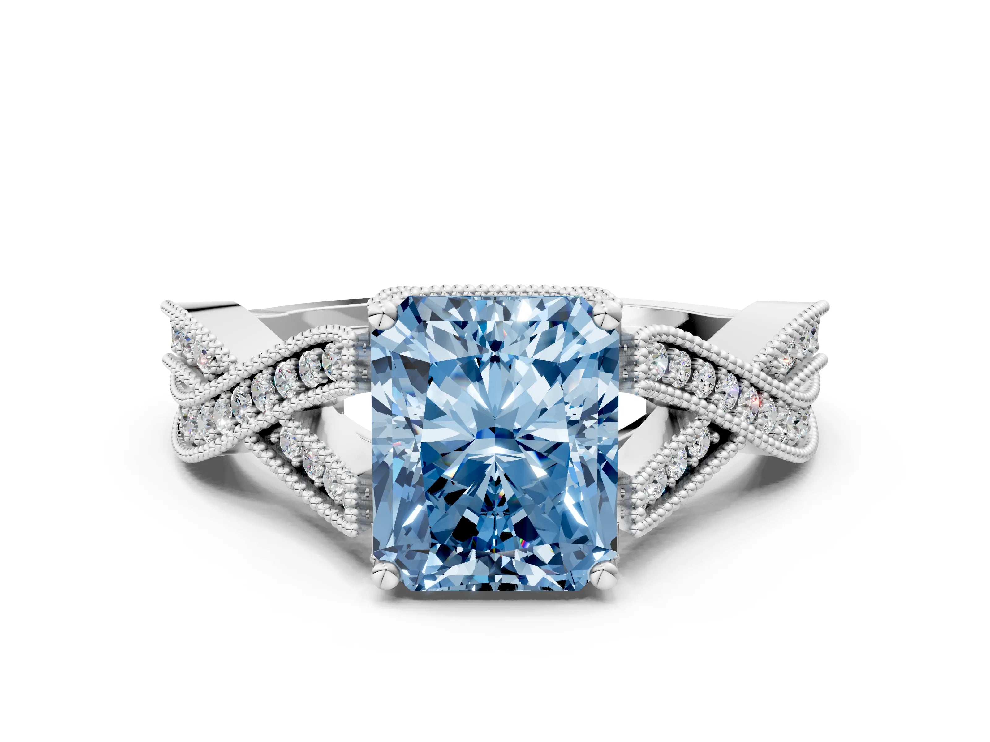 White gold Fancy Blue Radiant Cut Cut Diamond Twisted Band with Milgrain Pave Setting and Four-Prong Setting