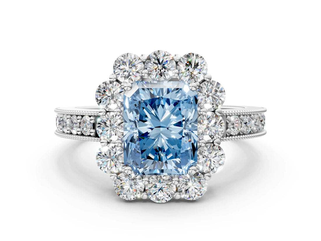 White gold Fancy Blue Radiant Cut Cut Halo Diamond Pavé Engagement Ring with Milgrain Detailing_12