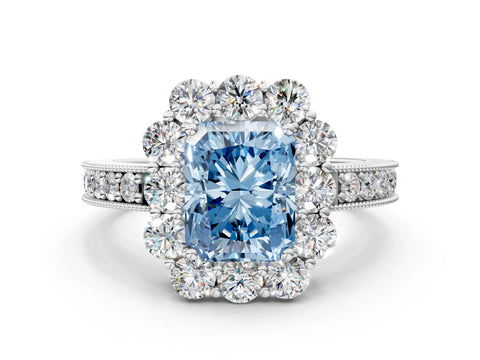 White gold Fancy Blue Radiant Cut Cut Halo Diamond Pavé Engagement Ring with Milgrain Detailing_12