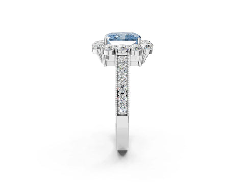White gold Fancy Blue Radiant Cut Cut Halo Diamond Pavé Engagement Ring with Milgrain Detailing_14