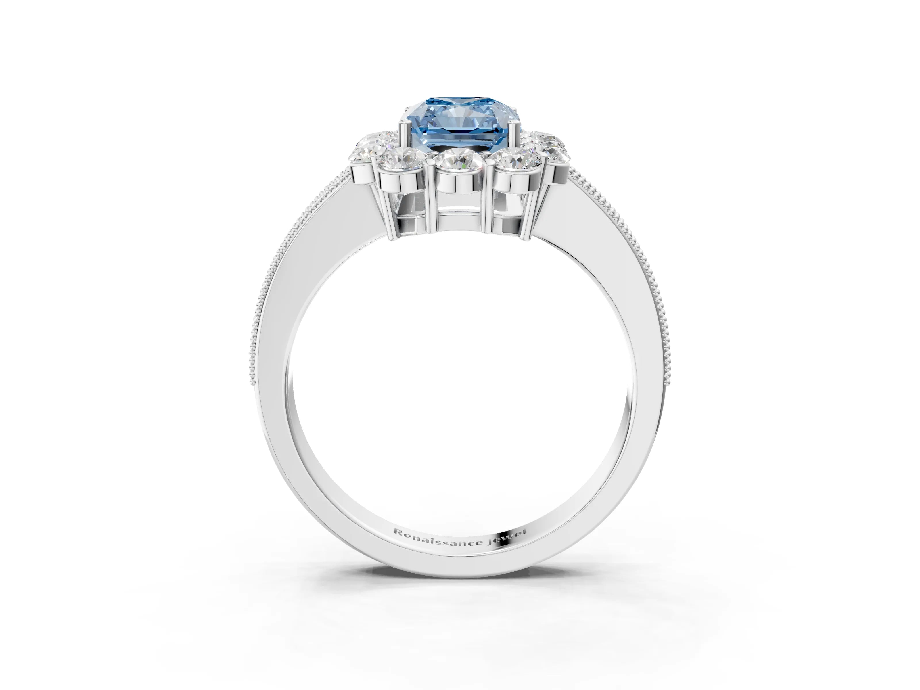 White gold Fancy Blue Radiant Cut Cut Halo Diamond Pavé Engagement Ring with Milgrain Detailing_15