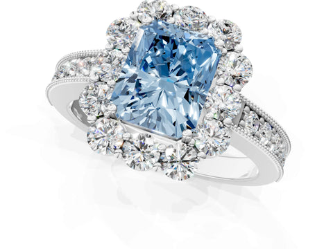 White gold Fancy Blue Radiant Cut Cut Halo Diamond Pavé Engagement Ring with Milgrain Detailing_1
