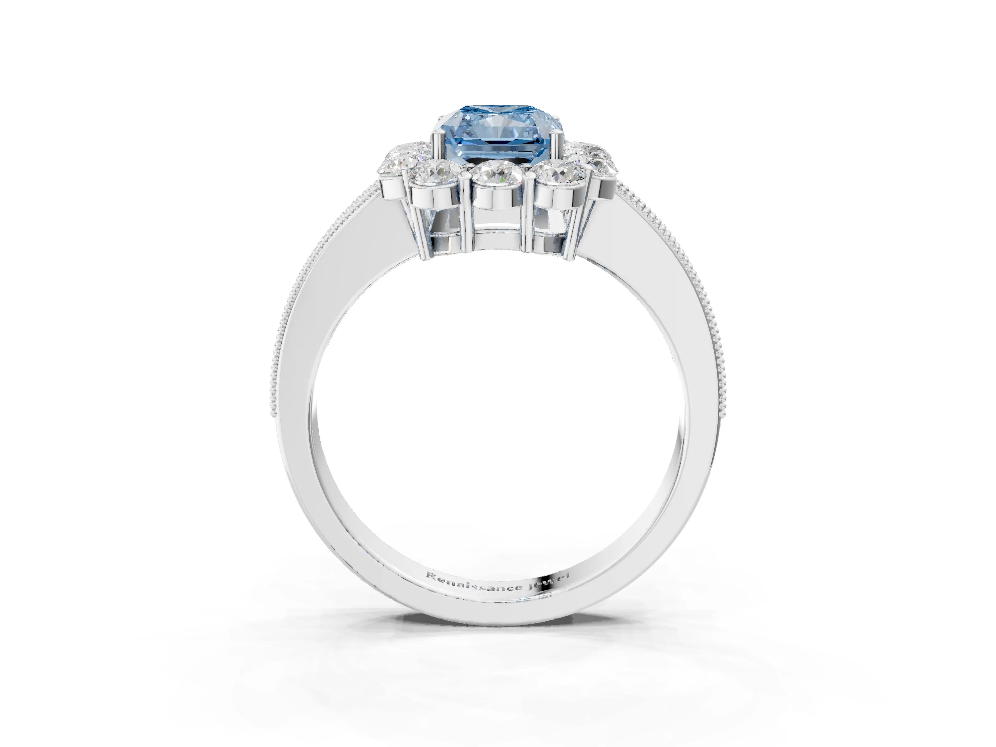 White gold Fancy Blue Radiant Cut Cut Halo Diamond Pavé Engagement Ring with Milgrain Detailing_3