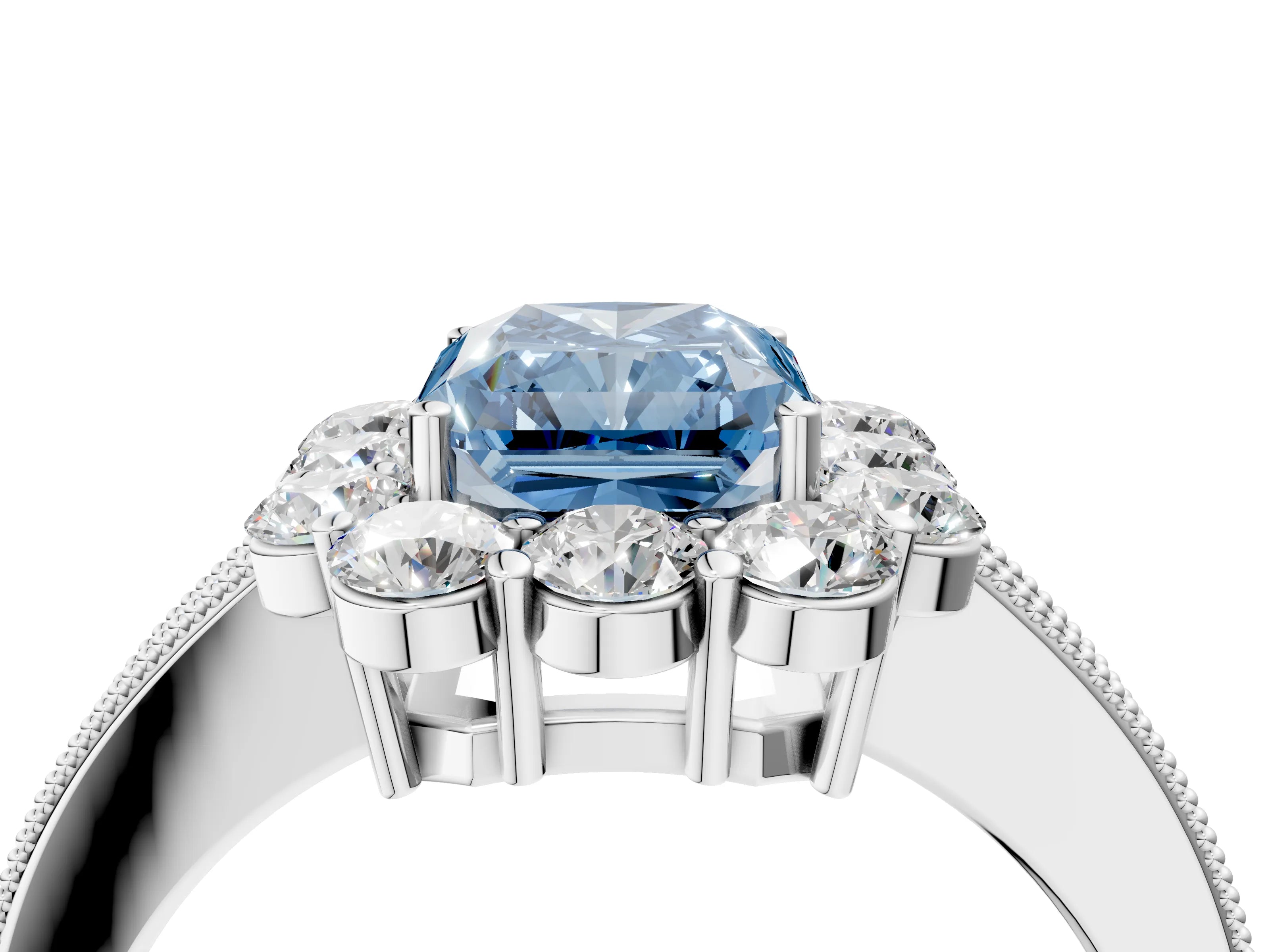 White gold Fancy Blue Radiant Cut Cut Halo Diamond Pavé Engagement Ring with Milgrain Detailing_4