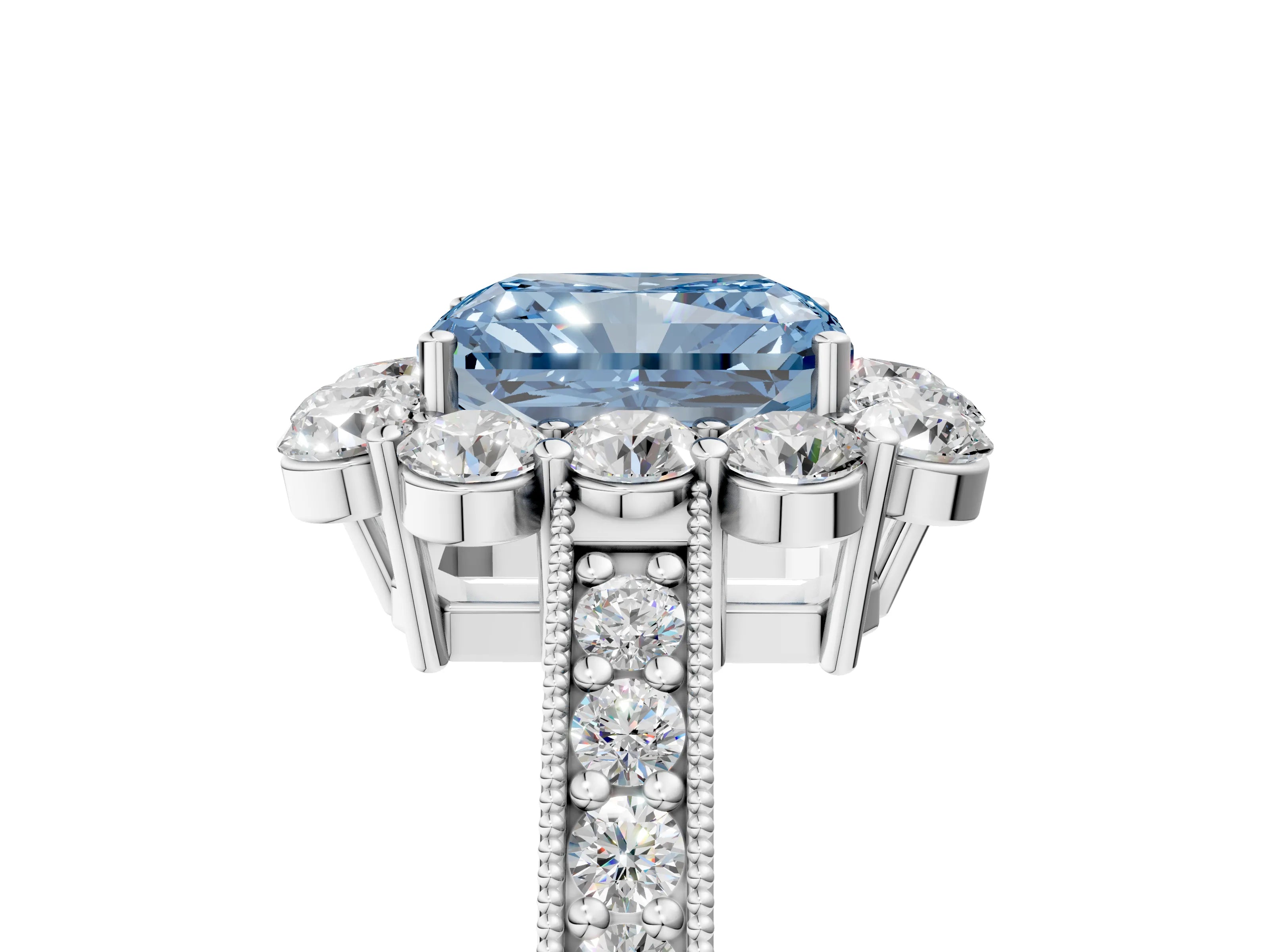 White gold Fancy Blue Radiant Cut Cut Halo Diamond Pavé Engagement Ring with Milgrain Detailing_5
