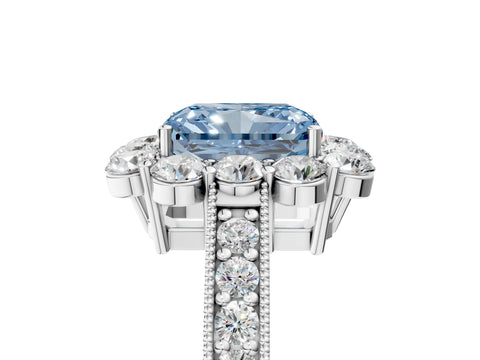 White gold Fancy Blue Radiant Cut Cut Halo Diamond Pavé Engagement Ring with Milgrain Detailing_5