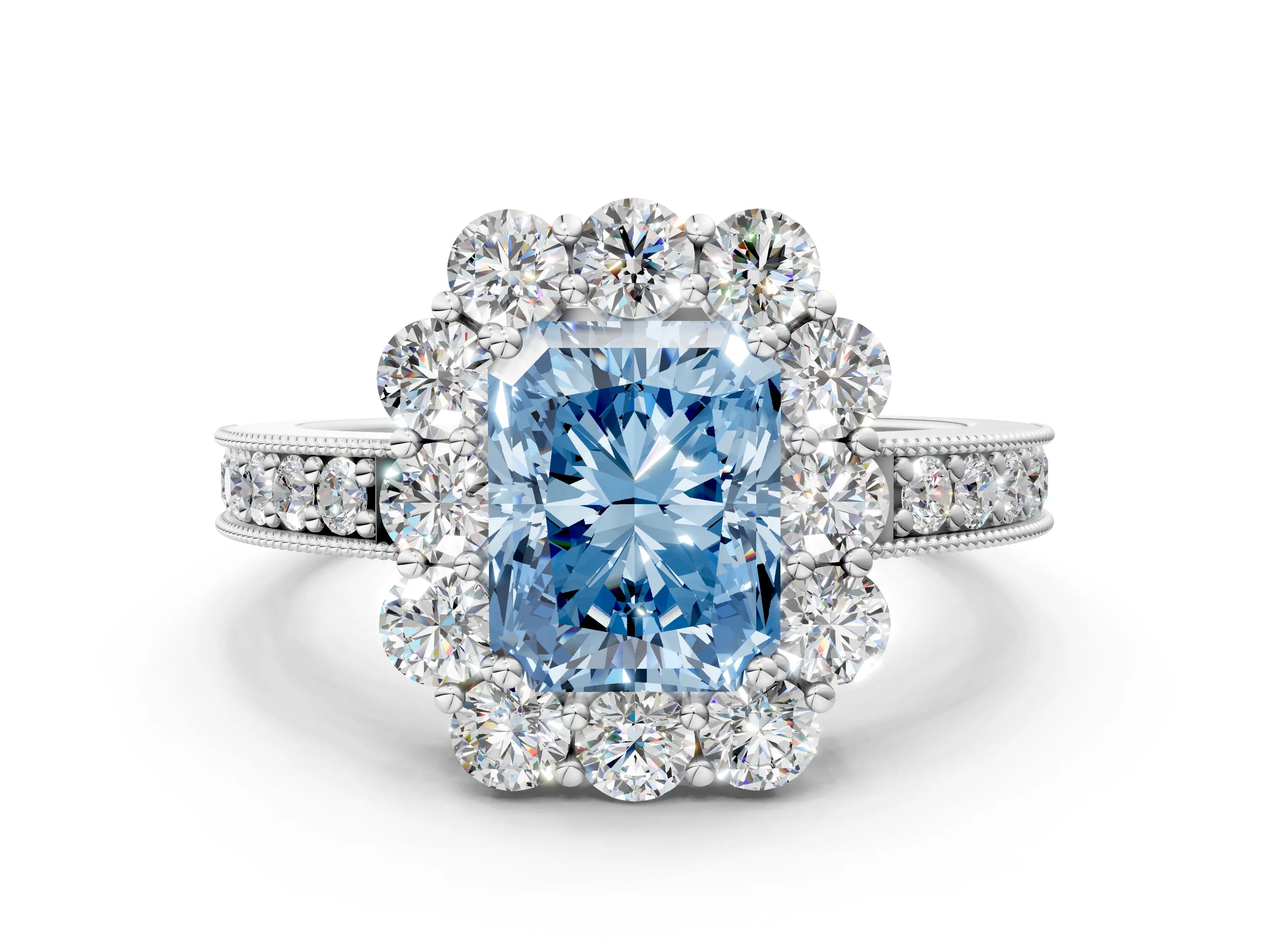 White gold Fancy Blue Radiant Cut Cut Halo Diamond Pavé Engagement Ring with Milgrain Detailing
