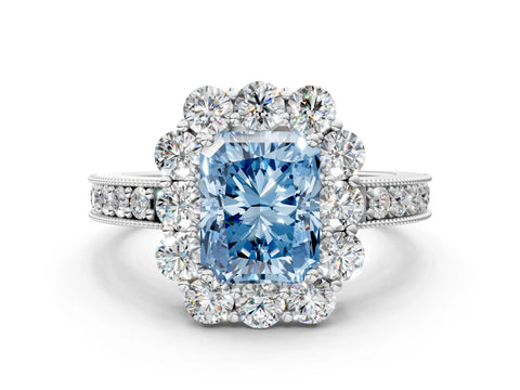 White gold Fancy Blue Radiant Cut Cut Halo Diamond Pavé Engagement Ring with Milgrain Detailing