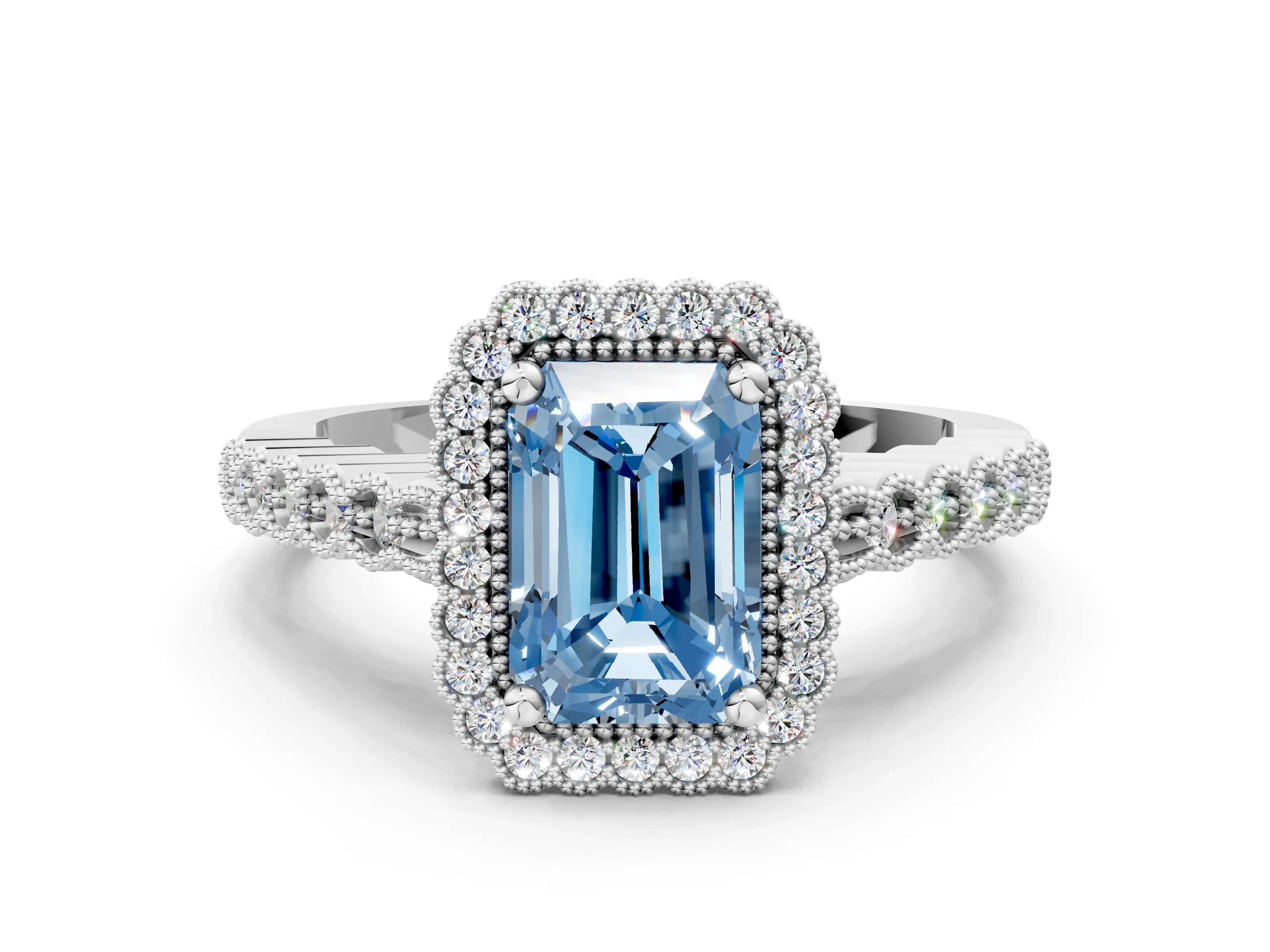 White gold Fancy Blue Radiant Cut Cut Halo Pavé Solitaire Ring with Milgrain Band_12
