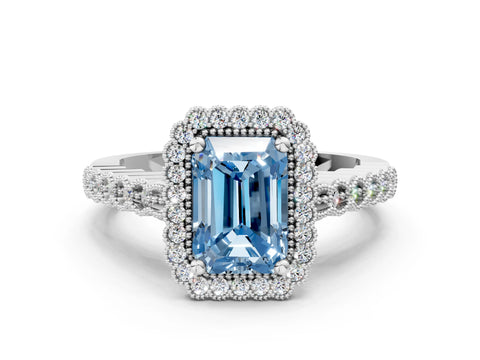 White gold Fancy Blue Radiant Cut Cut Halo Pavé Solitaire Ring with Milgrain Band_12