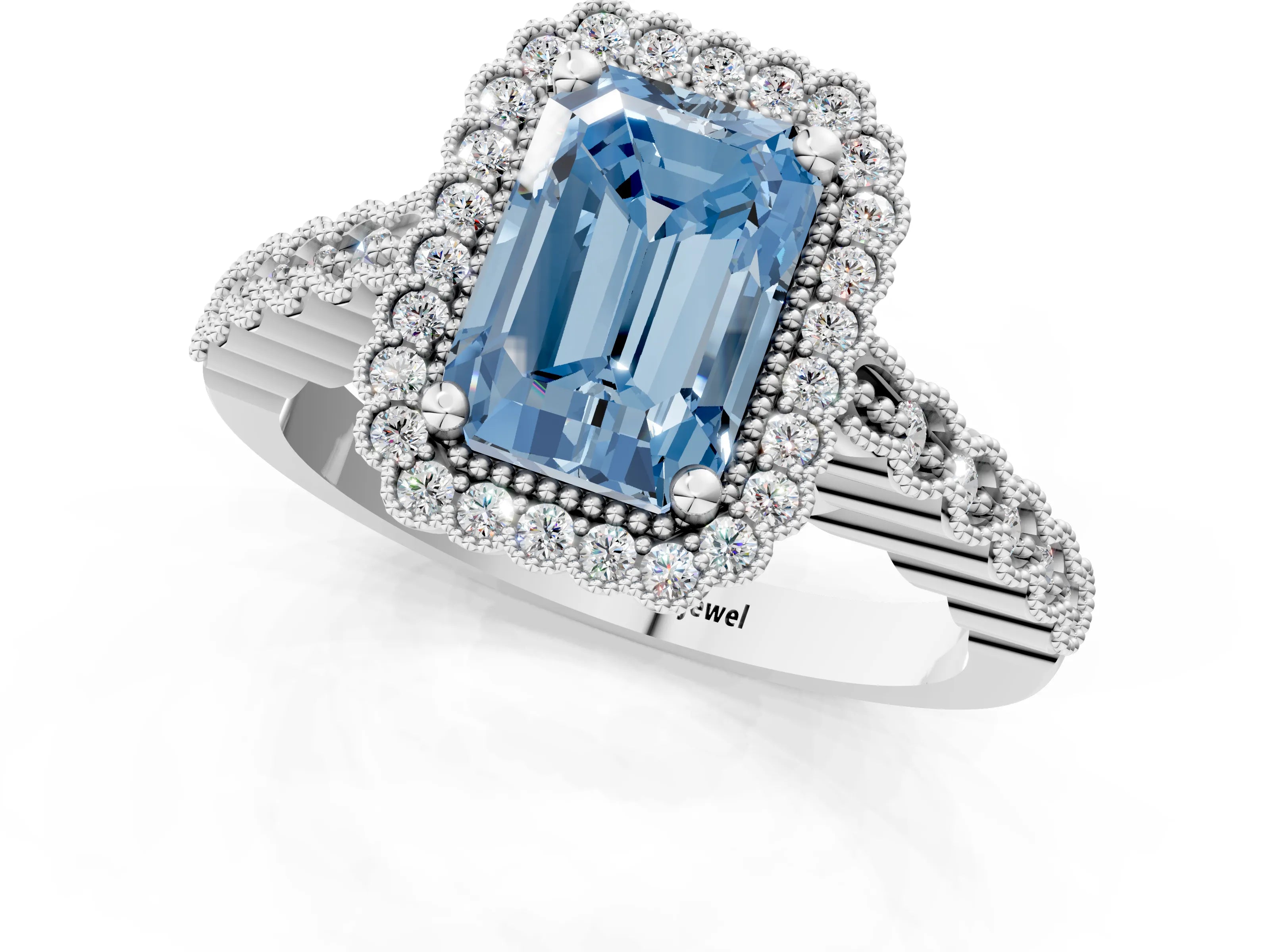 White gold Fancy Blue Radiant Cut Cut Halo Pavé Solitaire Ring with Milgrain Band_13