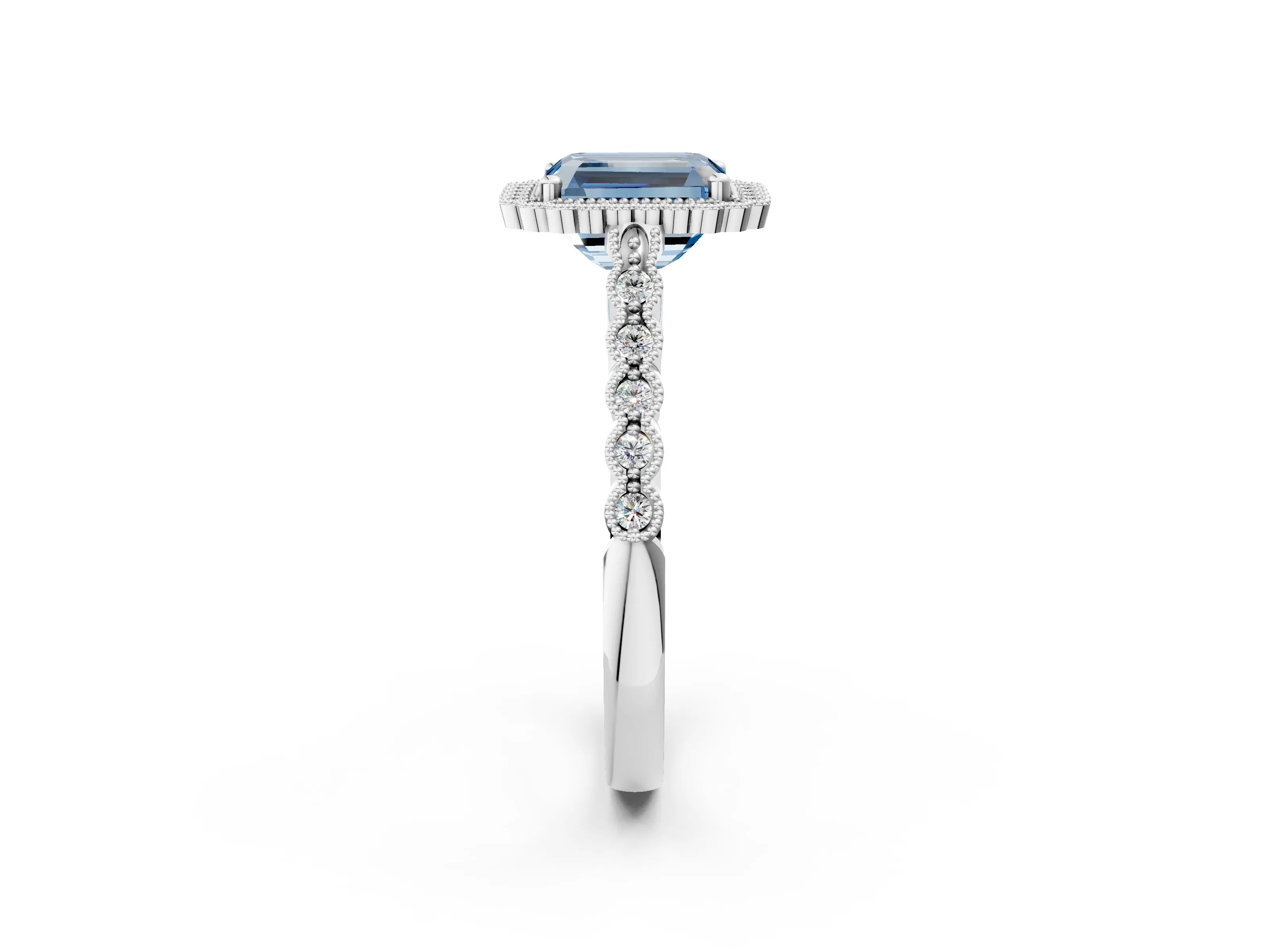 White gold Fancy Blue Radiant Cut Cut Halo Pavé Solitaire Ring with Milgrain Band_14