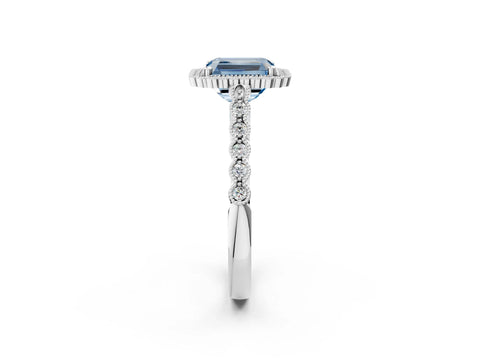 White gold Fancy Blue Radiant Cut Cut Halo Pavé Solitaire Ring with Milgrain Band_14