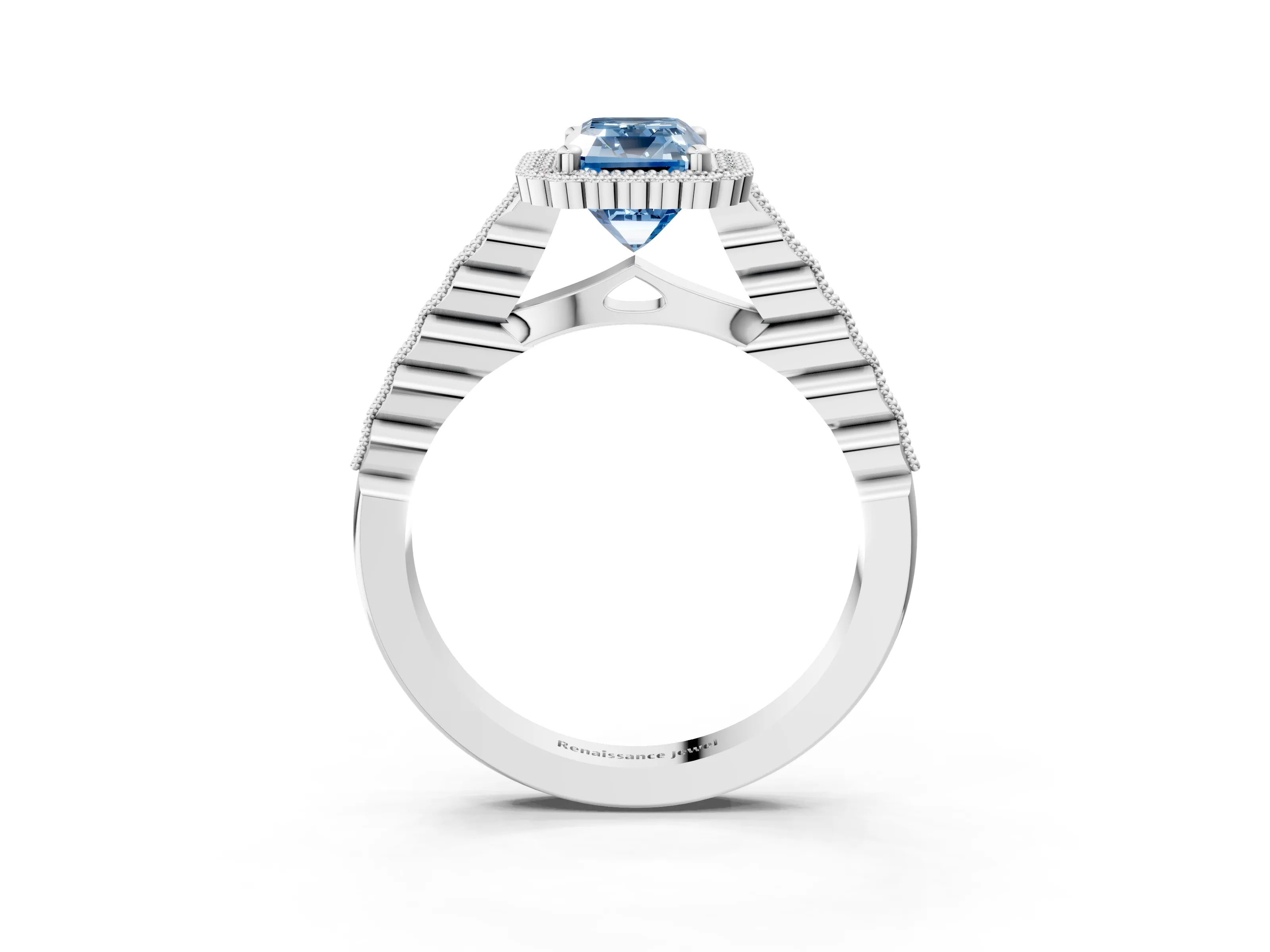 White gold Fancy Blue Radiant Cut Cut Halo Pavé Solitaire Ring with Milgrain Band_15