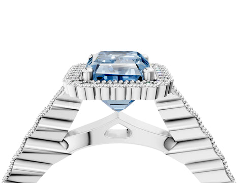 White gold Fancy Blue Radiant Cut Cut Halo Pavé Solitaire Ring with Milgrain Band_16