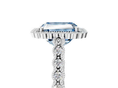 White gold Fancy Blue Radiant Cut Cut Halo Pavé Solitaire Ring with Milgrain Band_17