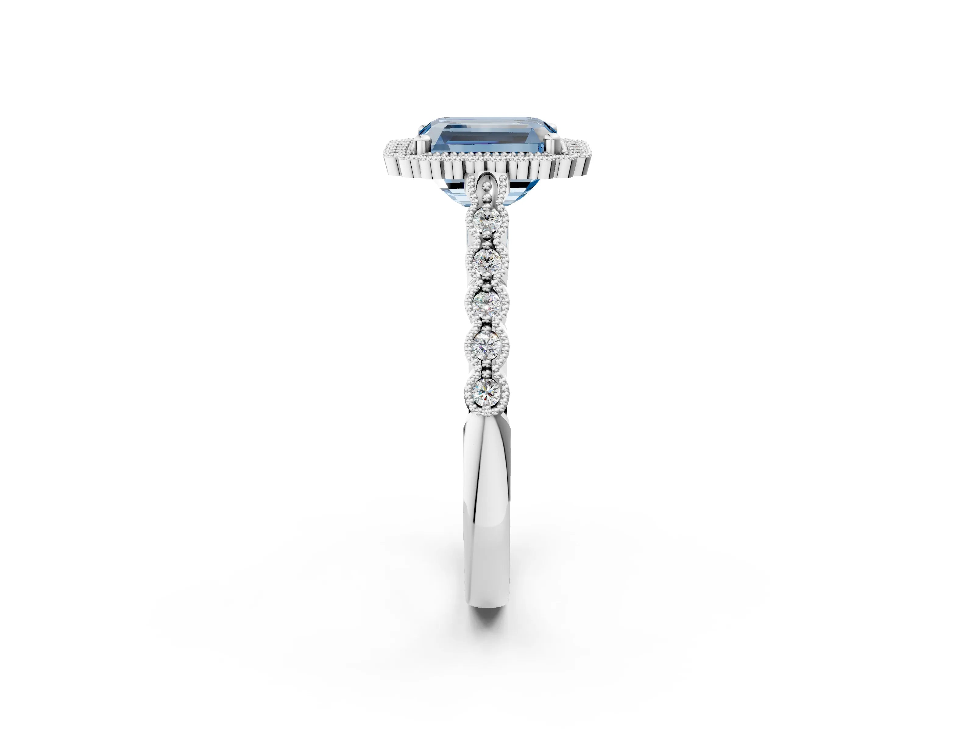 White gold Fancy Blue Radiant Cut Cut Halo Pavé Solitaire Ring with Milgrain Band_2