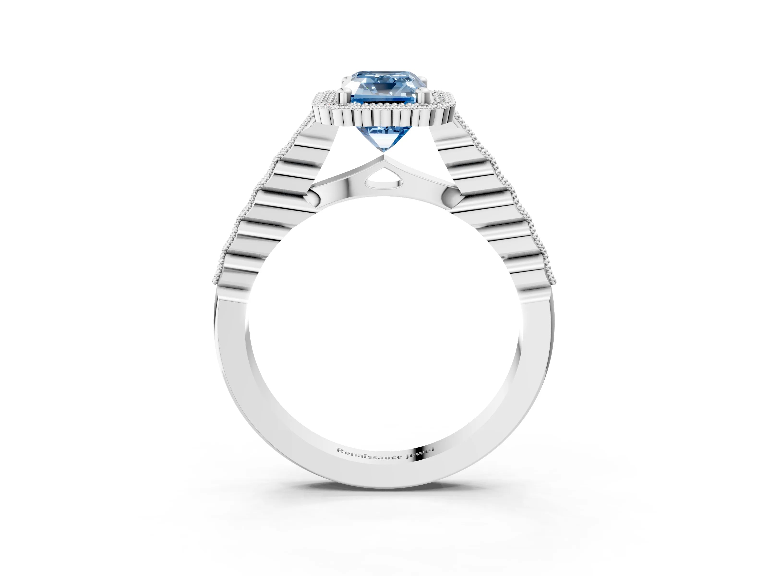 White gold Fancy Blue Radiant Cut Cut Halo Pavé Solitaire Ring with Milgrain Band_3