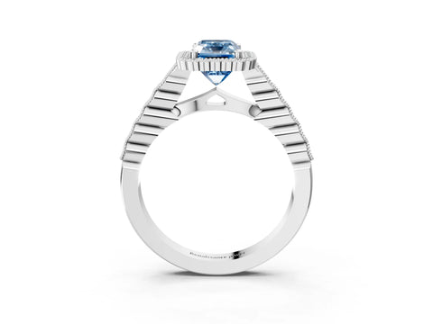 White gold Fancy Blue Radiant Cut Cut Halo Pavé Solitaire Ring with Milgrain Band_3