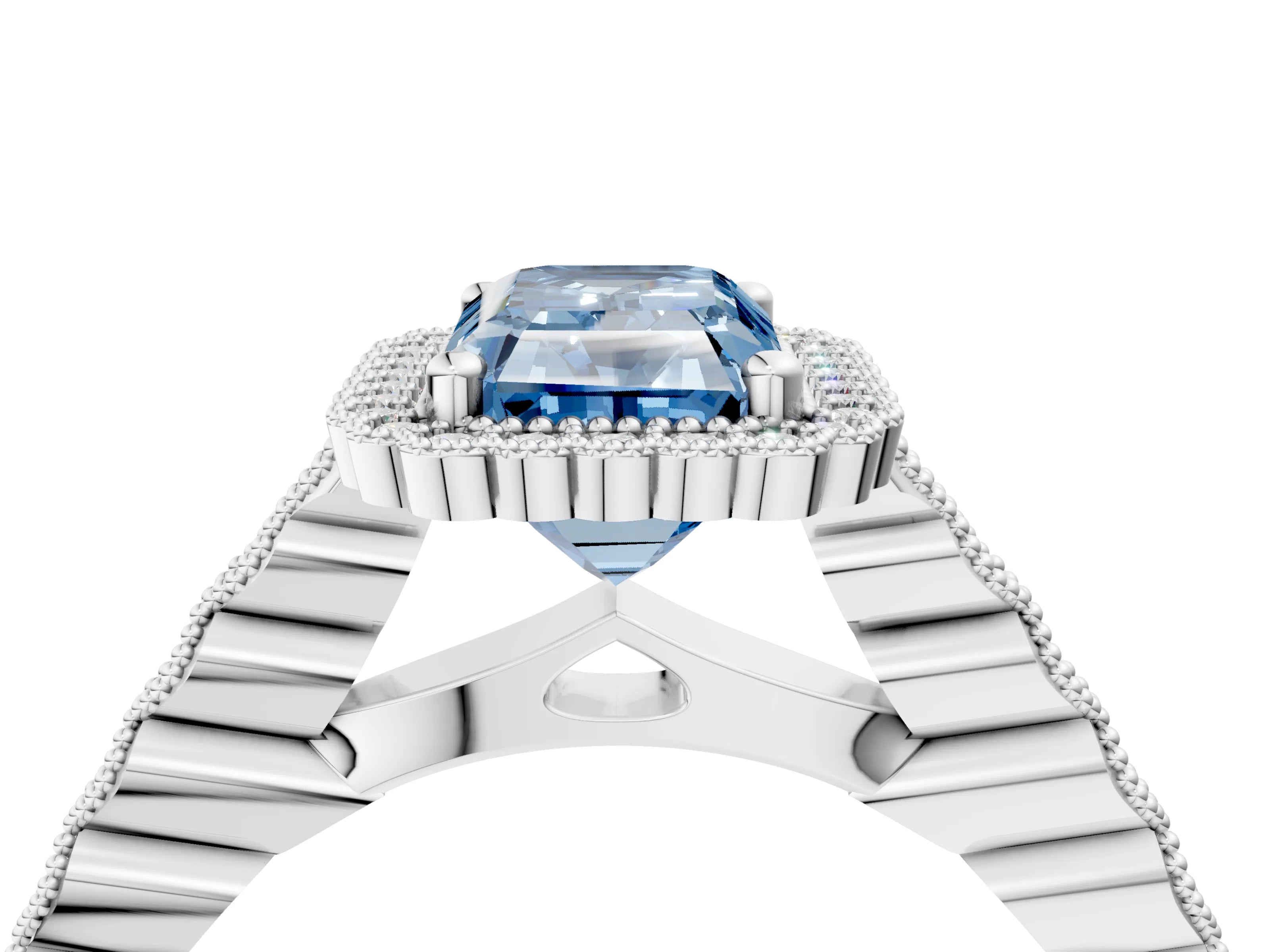White gold Fancy Blue Radiant Cut Cut Halo Pavé Solitaire Ring with Milgrain Band_4
