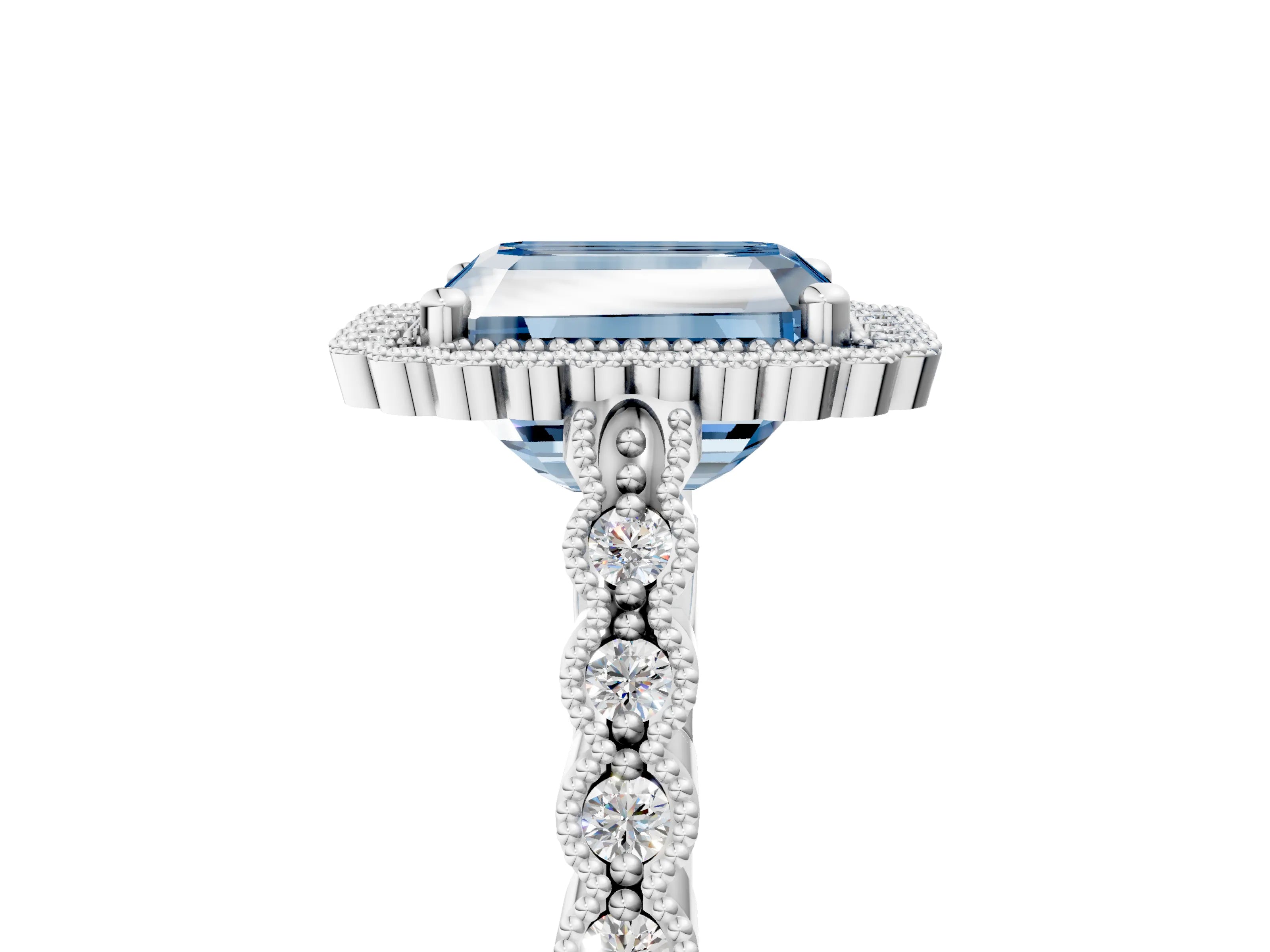 White gold Fancy Blue Radiant Cut Cut Halo Pavé Solitaire Ring with Milgrain Band_5