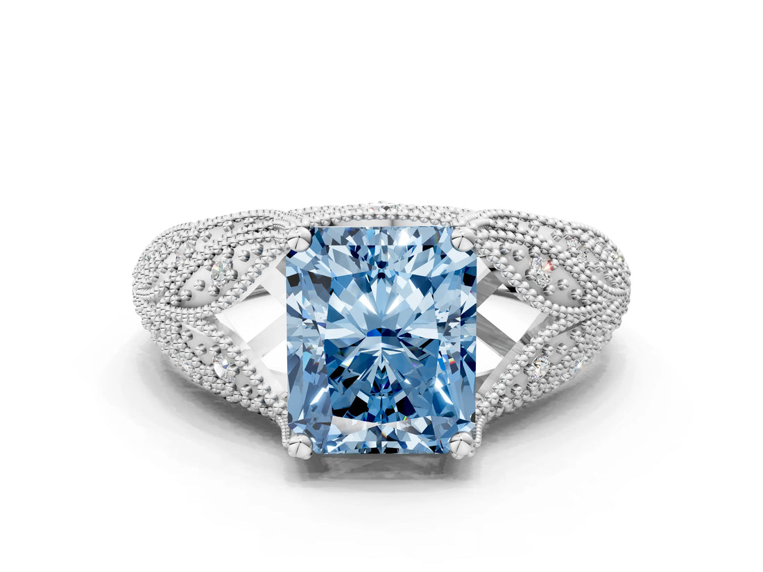 White gold Fancy Blue Radiant Cut Cut Milgrain Pave Diamond Engagement Ring with Four-Prong Setting_27