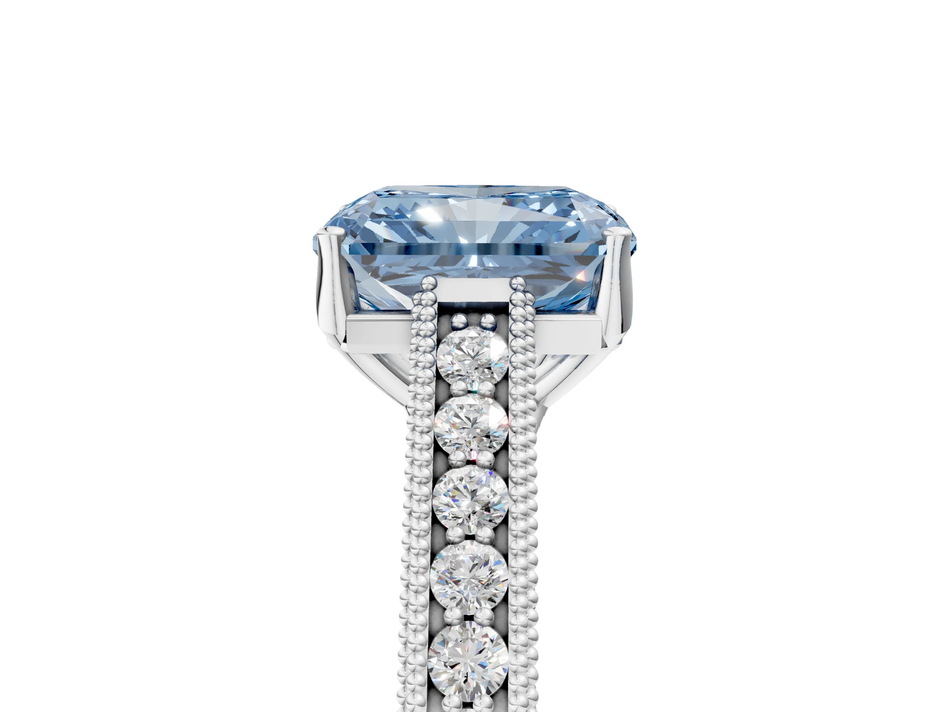 White gold Fancy Blue Radiant Cut Cut Pave Band Milgrain Solitaire Ring_11