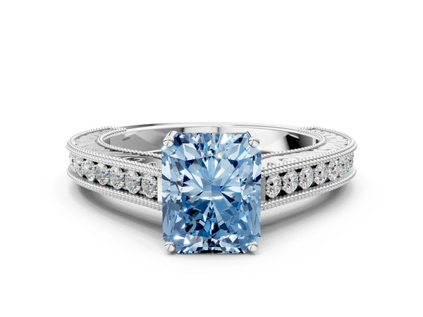 Platinum Fancy Blue Radiant Cut Cut Pave Band Milgrain Solitaire Ring