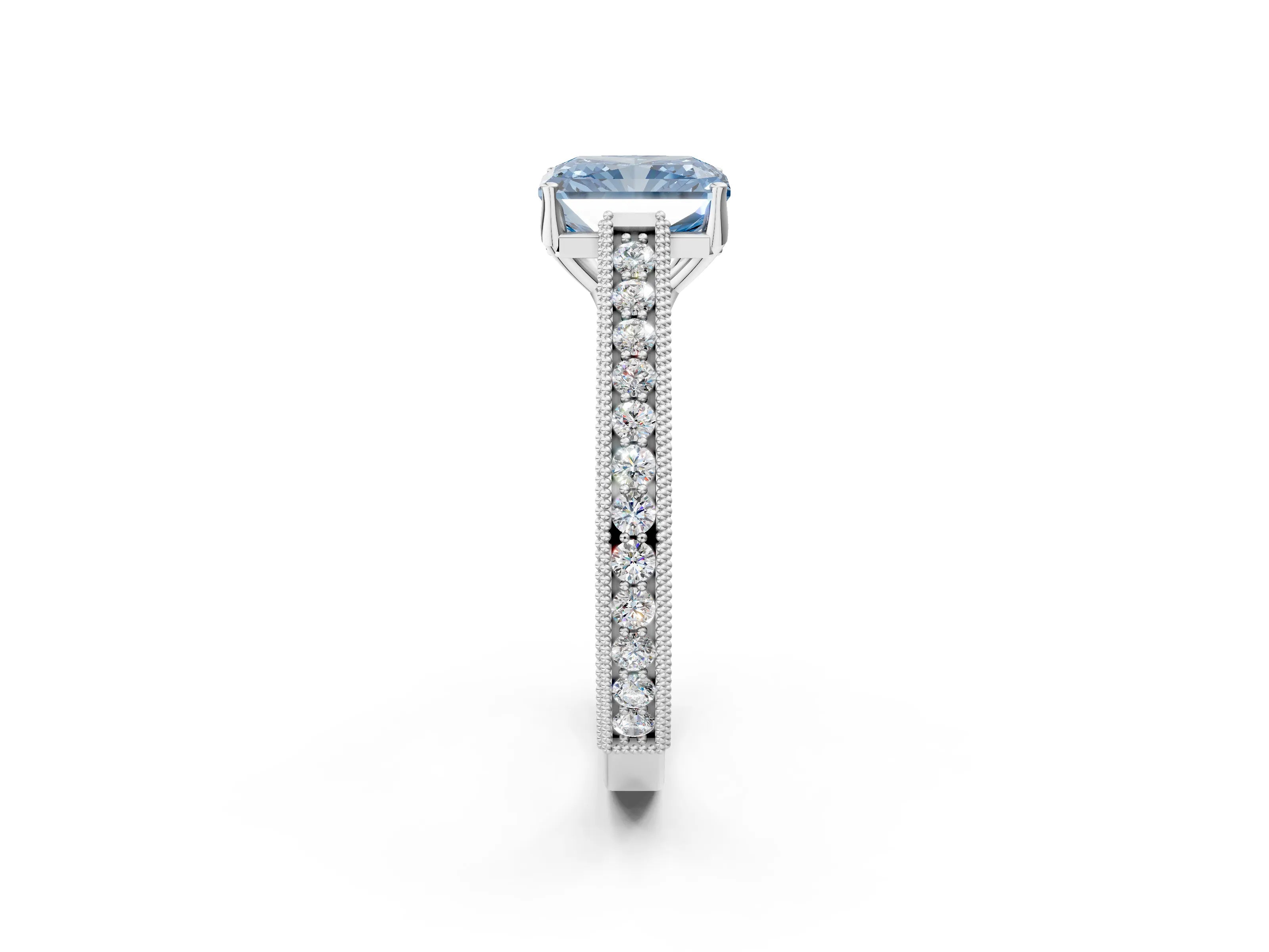 White gold Fancy Blue Radiant Cut Cut Pave Band Milgrain Solitaire Ring_2