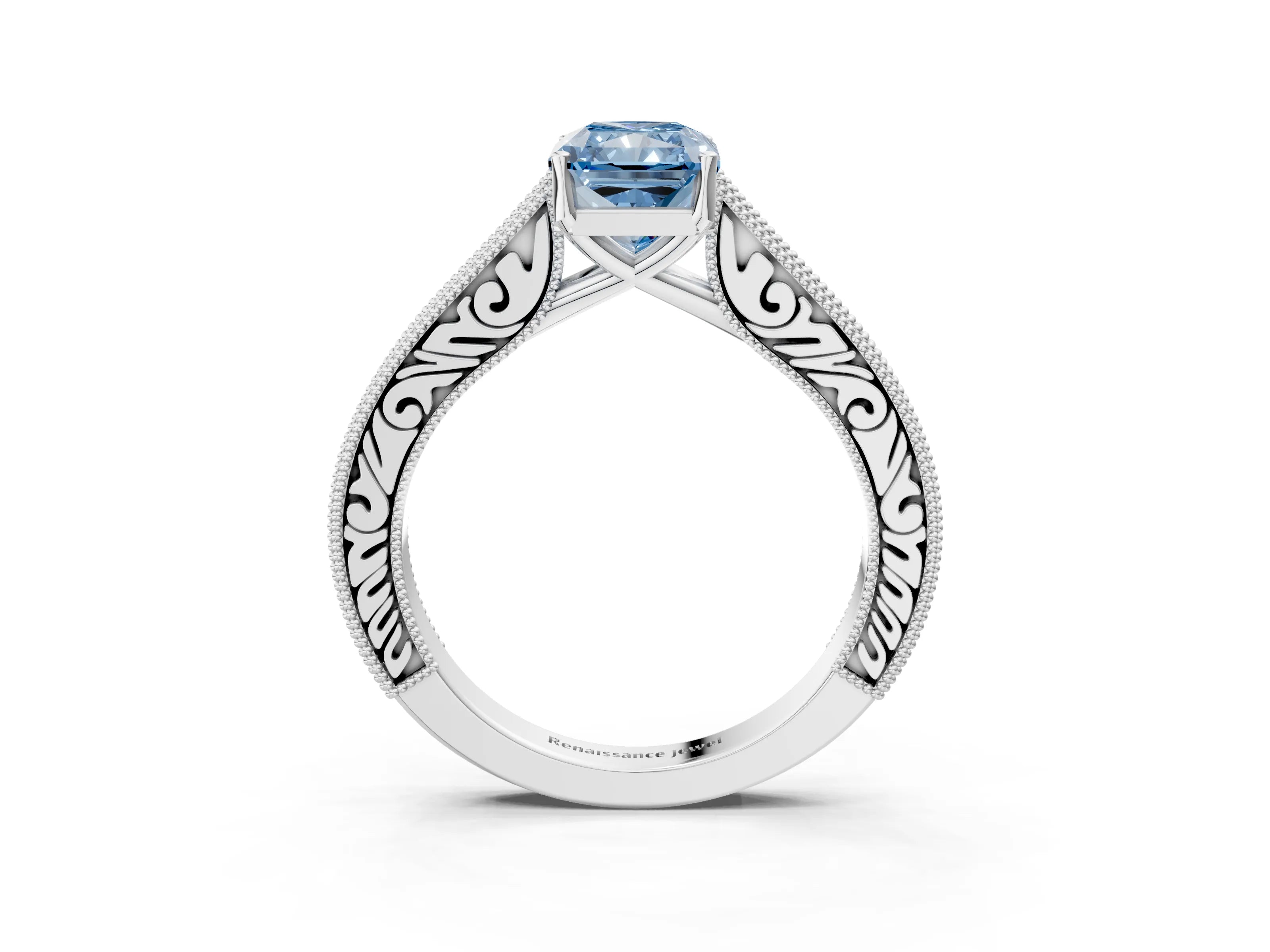 White gold Fancy Blue Radiant Cut Cut Pave Band Milgrain Solitaire Ring_3