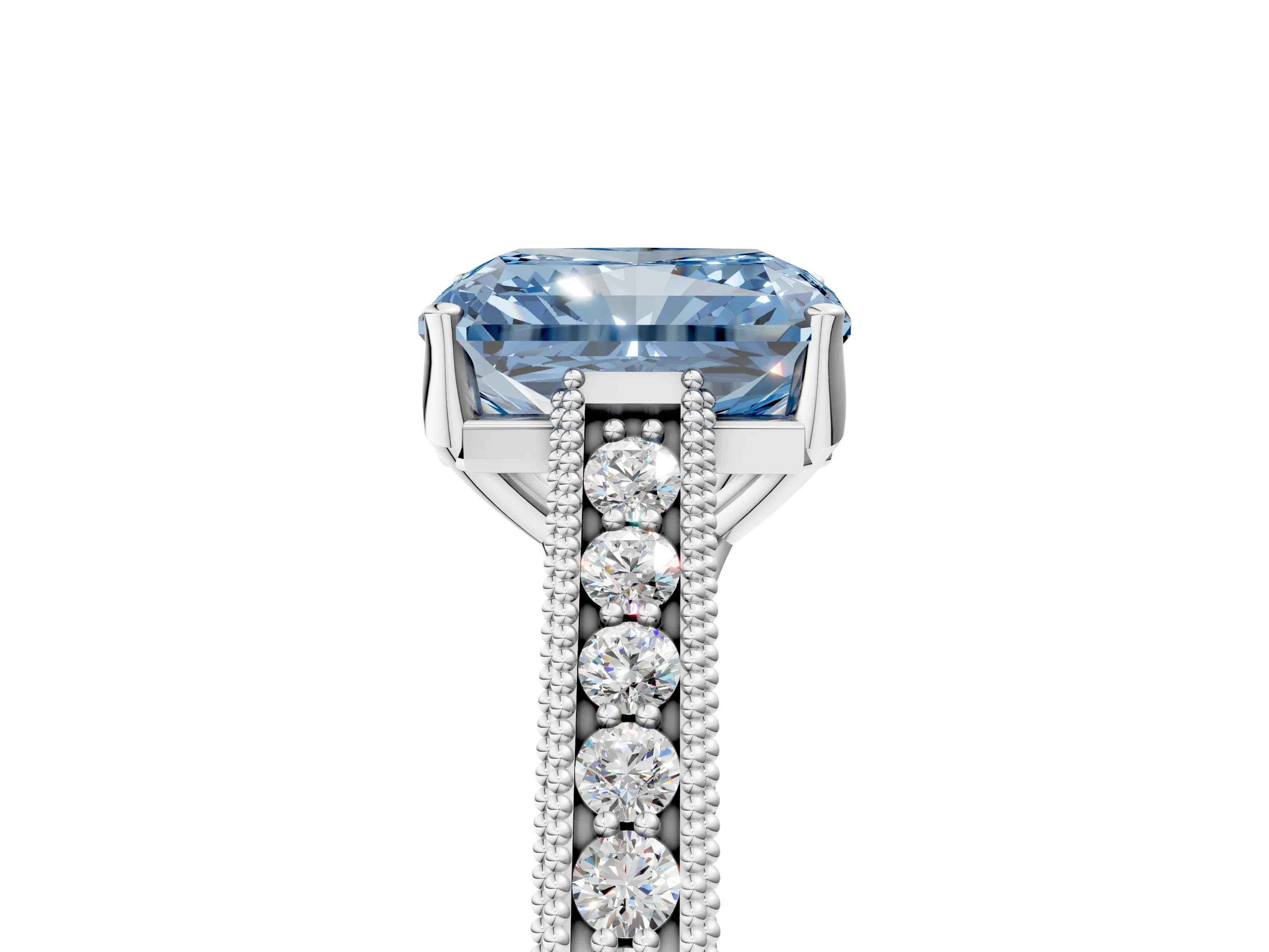 White gold Fancy Blue Radiant Cut Cut Pave Band Milgrain Solitaire Ring_5