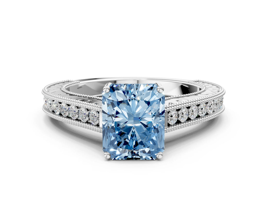 White gold Fancy Blue Radiant Cut Cut Pave Band Milgrain Solitaire Ring_6