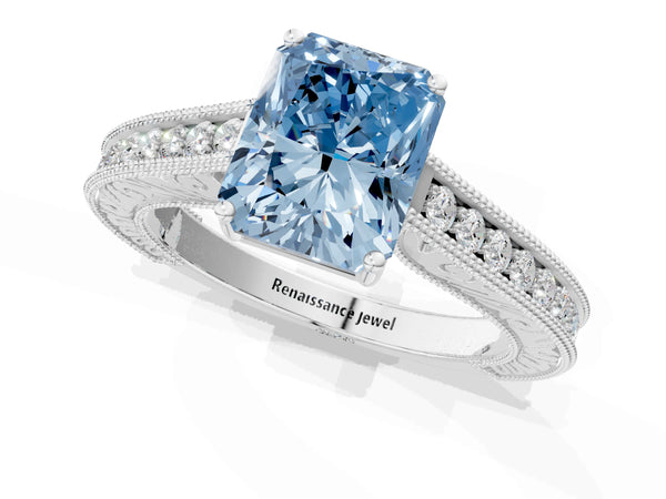 Platinum Fancy Blue Radiant Cut Cut Pave Band Milgrain Solitaire Ring