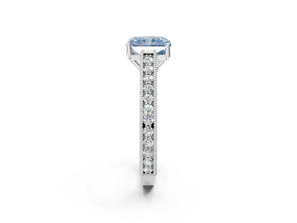 Platinum Fancy Blue Radiant Cut Cut Pave Band Milgrain Solitaire Ring