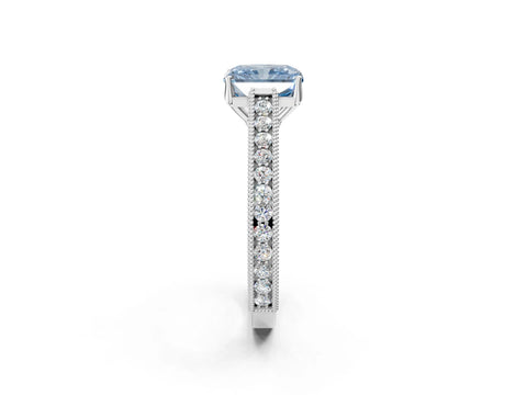 White gold Fancy Blue Radiant Cut Cut Pave Band Milgrain Solitaire Ring_8