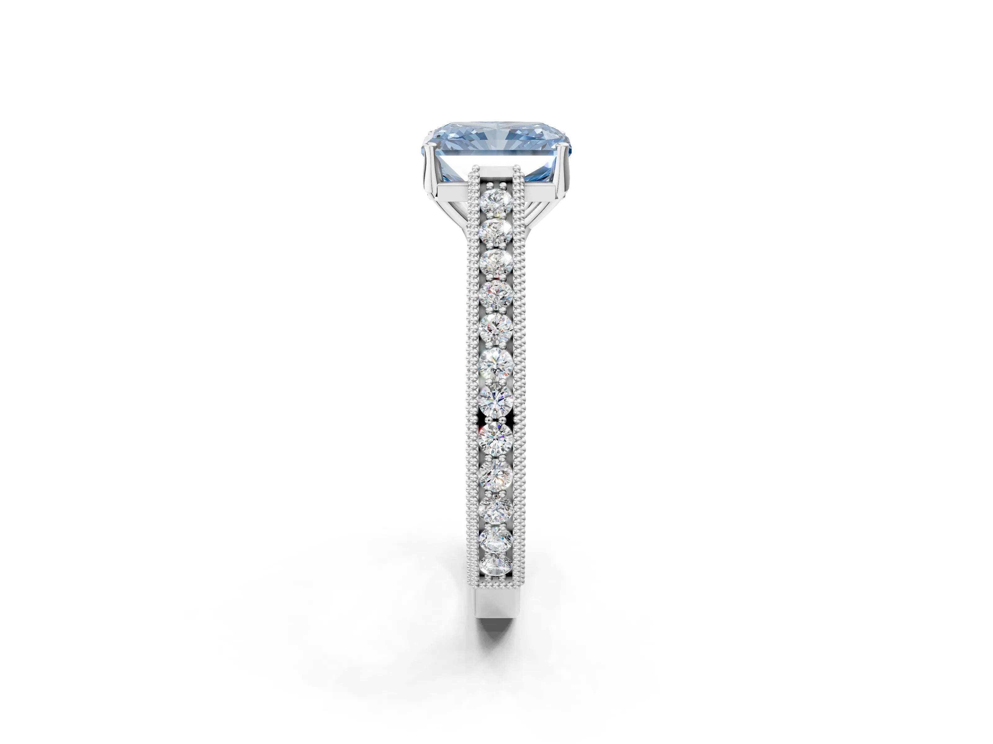White gold Fancy Blue Radiant Cut Cut Pave Band Milgrain Solitaire Ring_8