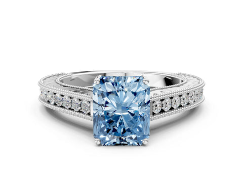 White gold Fancy Blue Radiant Cut Cut Pave Band Milgrain Solitaire Ring