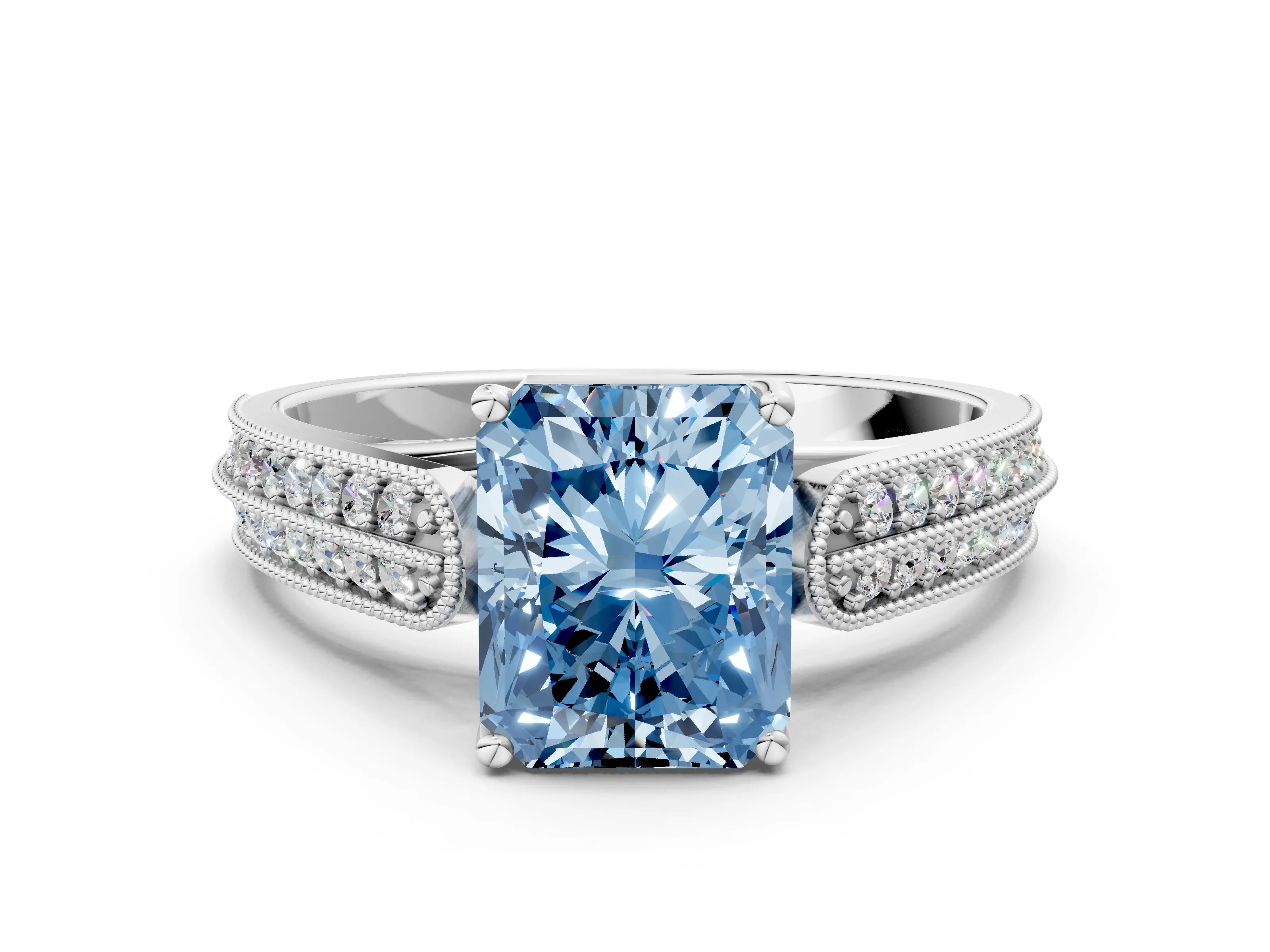 White gold Fancy Blue Radiant Cut Cut Pave Split Shank Engagement Ring with Four-Prong Setting_12