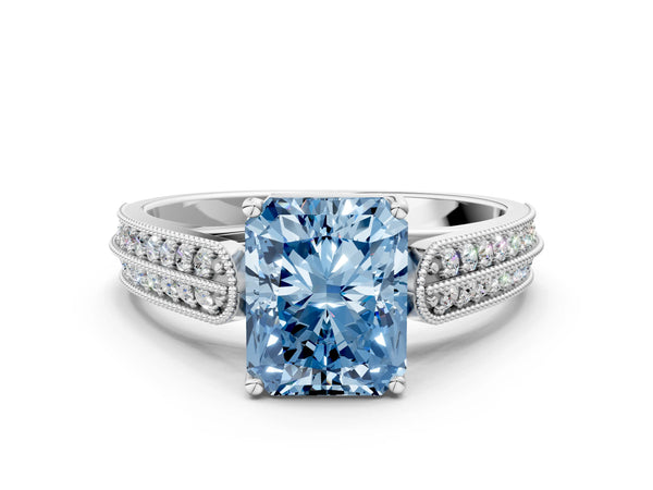 Platinum Fancy Blue Radiant Cut Cut Pave Split Shank Engagement Ring with Four-Prong Setting