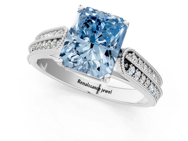 Platinum Fancy Blue Radiant Cut Cut Pave Split Shank Engagement Ring with Four-Prong Setting