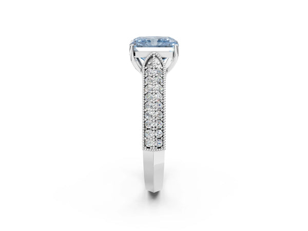 Platinum Fancy Blue Radiant Cut Cut Pave Split Shank Engagement Ring with Four-Prong Setting